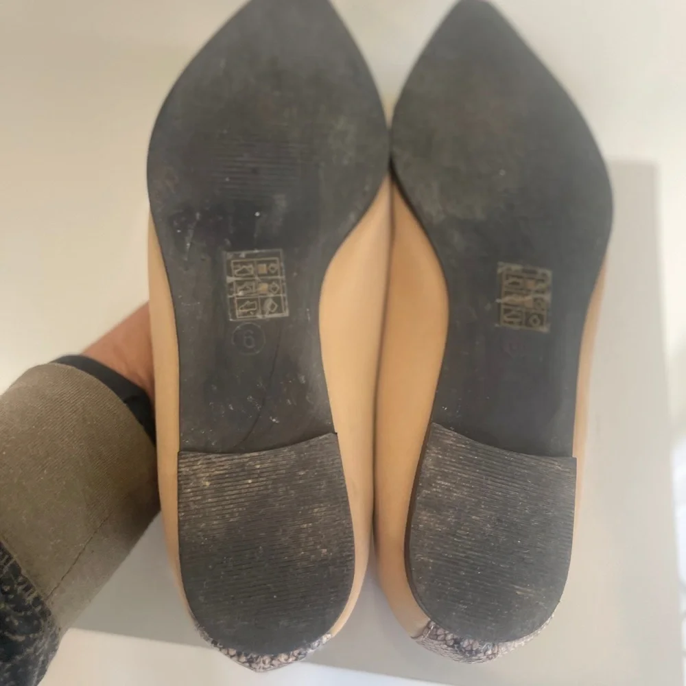ASOS DESIGN Wide Fit Legend pointed toe cap ballet flats in beige snake